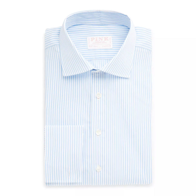 Pale Blue & White Classic Fit French Cuff Core Poplin Bengal Stripe Dress Shirt