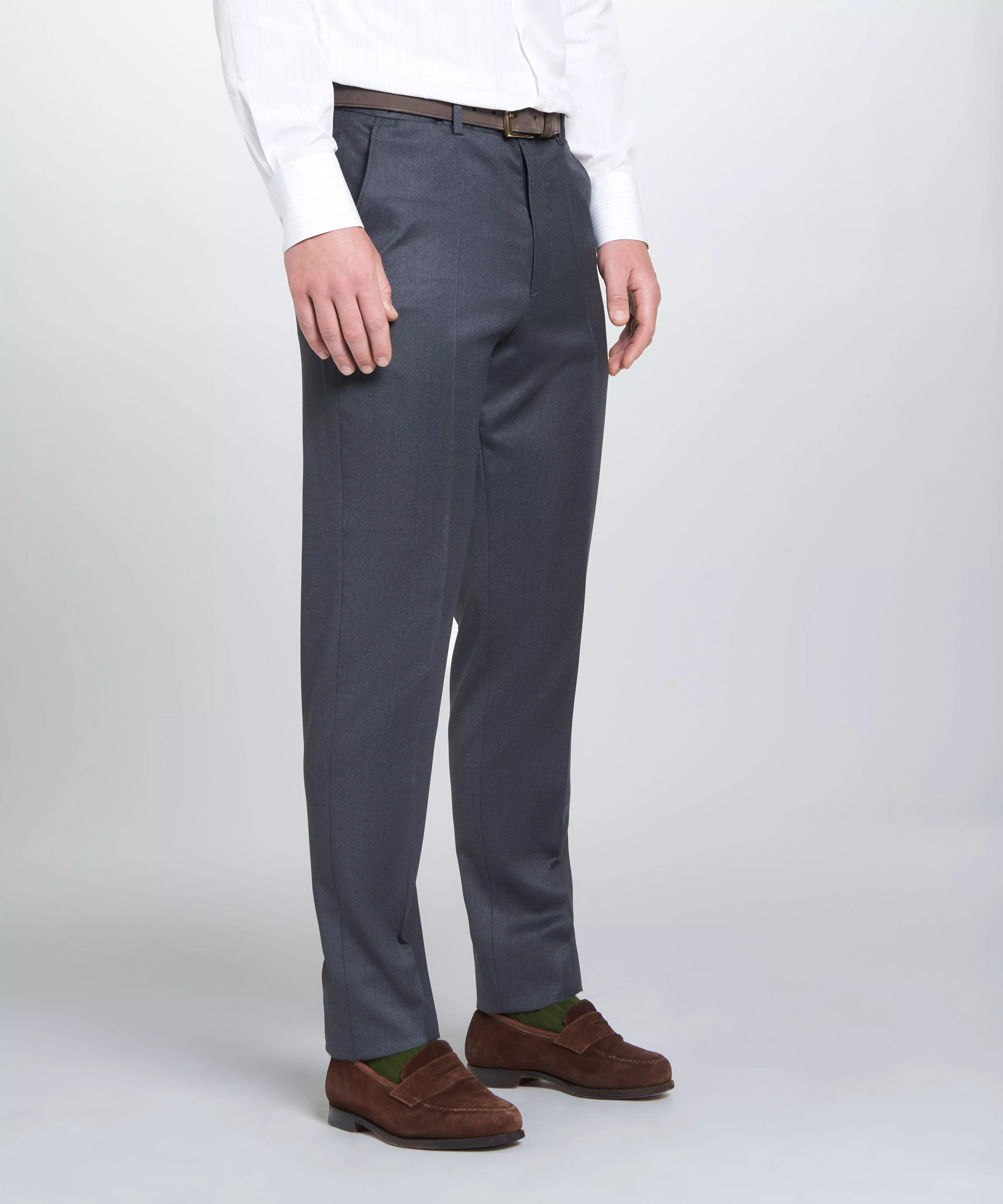 Grey Unfinished Tailored Fit Plain Merino Wool Flat Front Trouser