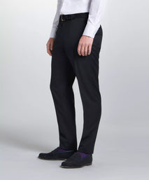 Black Unfinished Tailored Fit Plain Merino Wool Flat Front Pants