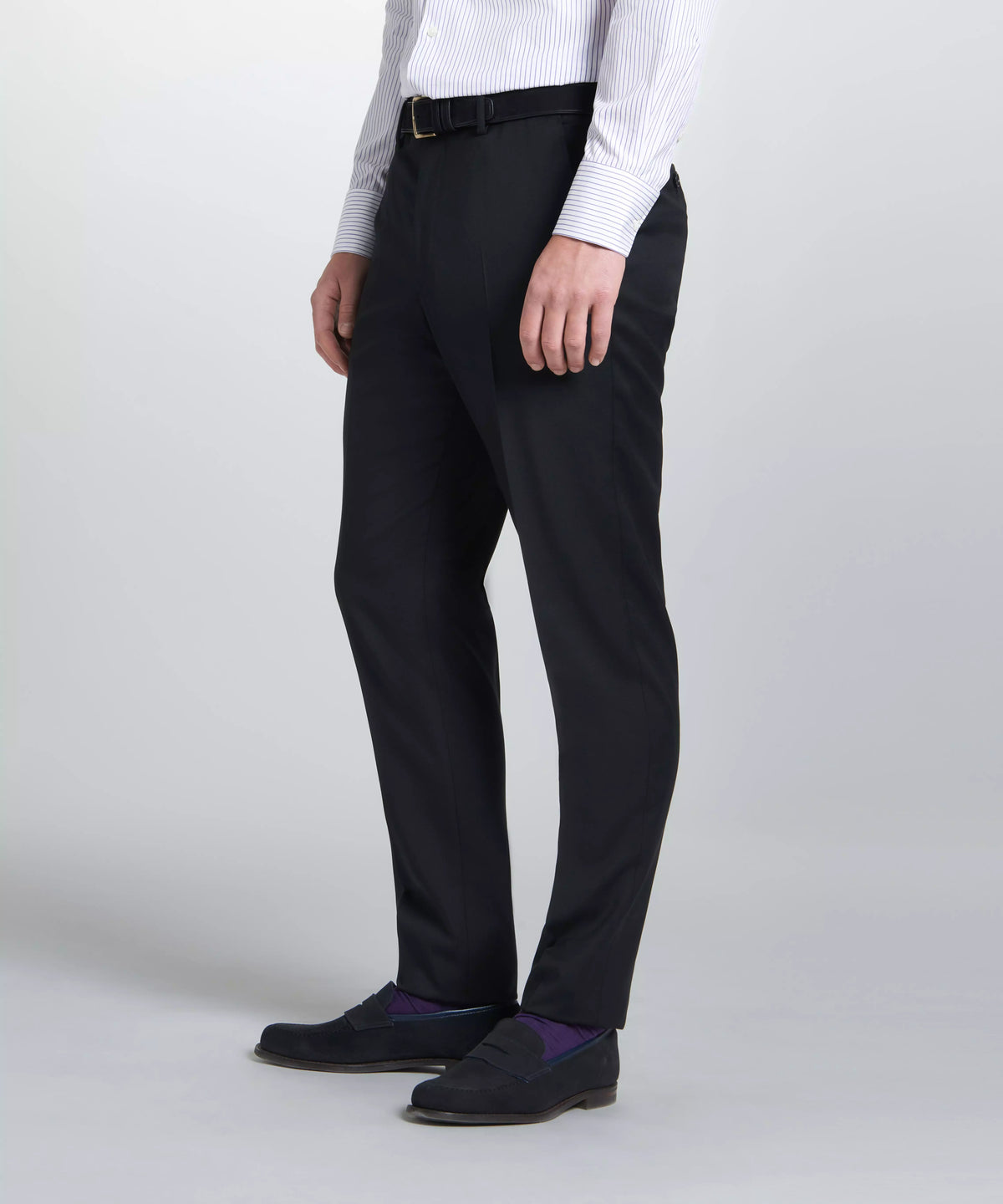 Black Unfinished Tailored Fit Plain Merino Wool Flat Front Pants