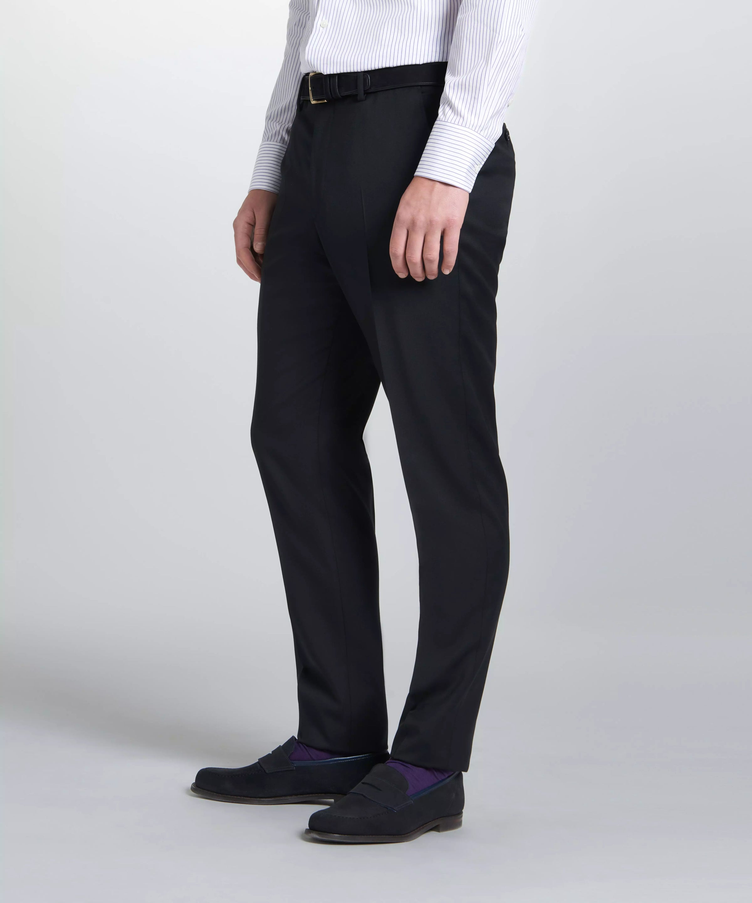 Black Unfinished Tailored Fit Plain Merino Wool Flat Front Pants