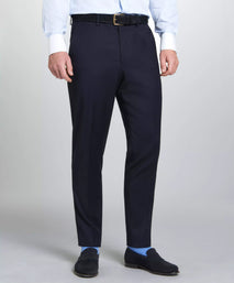 Navy Unfinished Tailored Fit Plain Merino Wool Flat Front Trouser