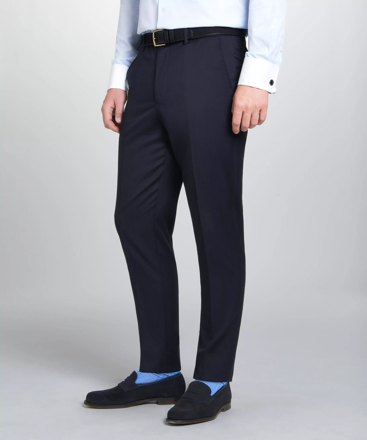Navy Unfinished Tailored Fit Plain Merino Wool Flat Front Trouser