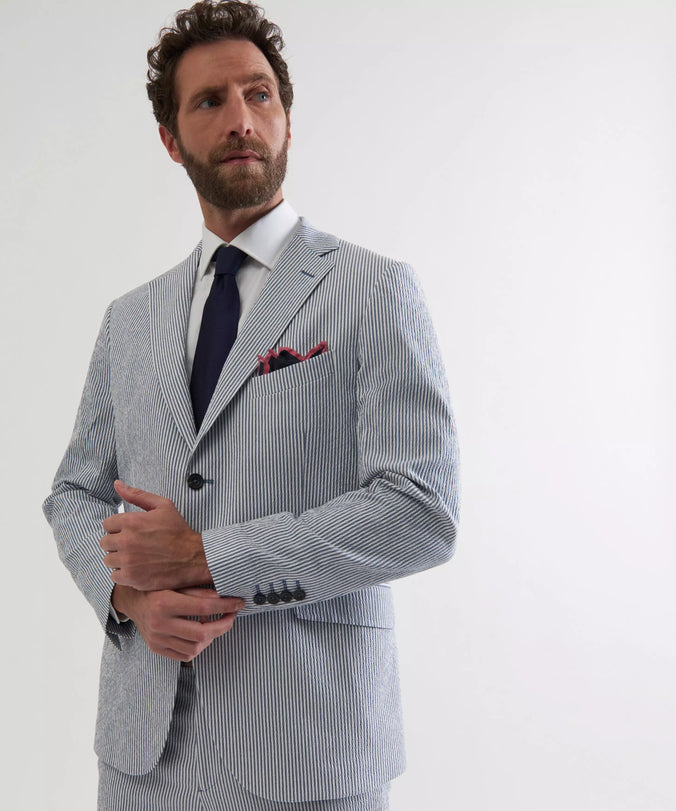 White & Navy Tailored Fit Stripe Seersucker Jacket