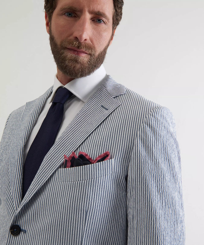 White & Navy Tailored Fit Stripe Seersucker Jacket
