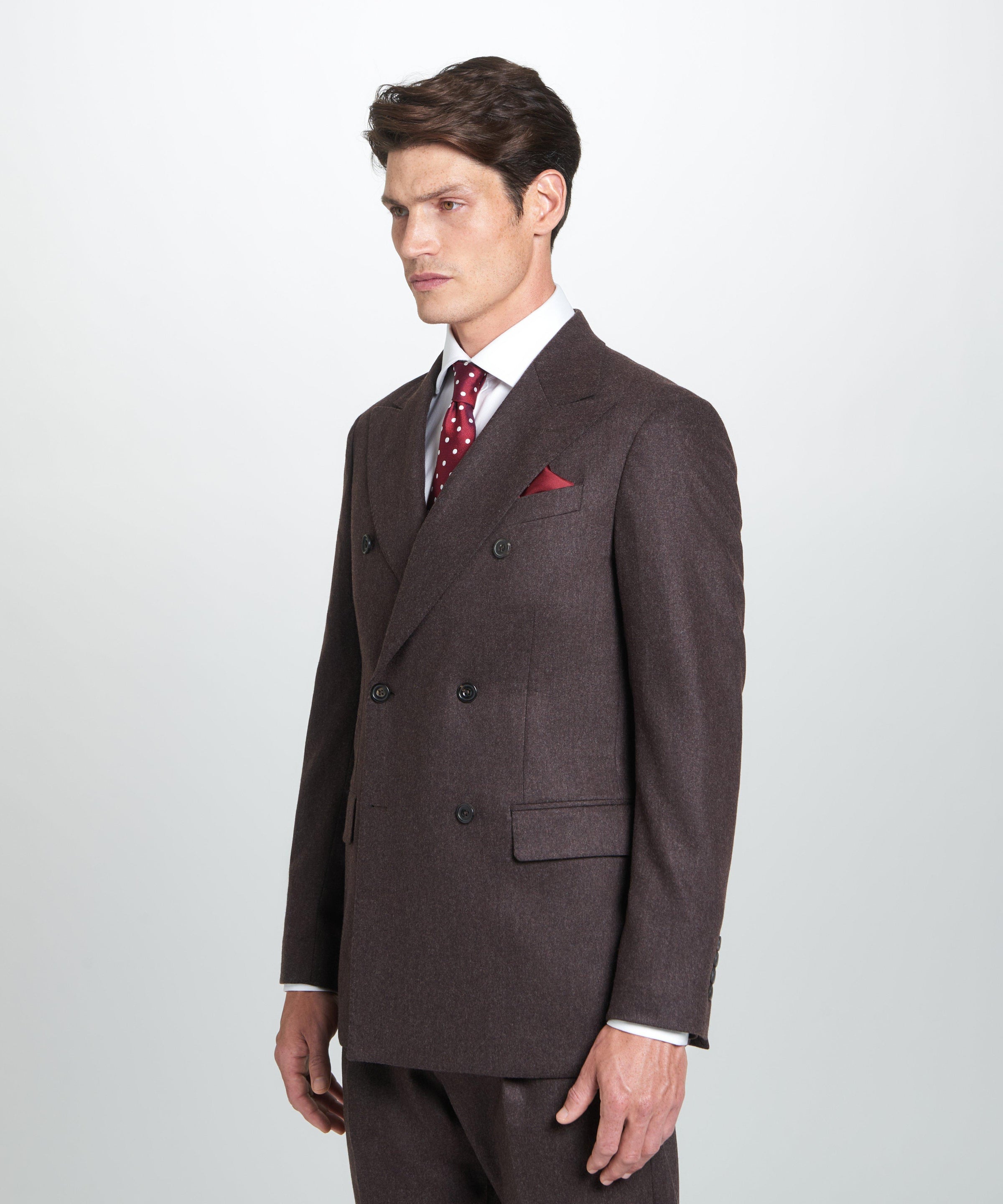 Brown Tailored Fit Twill Flannel Stretch Double Breasted Jacket