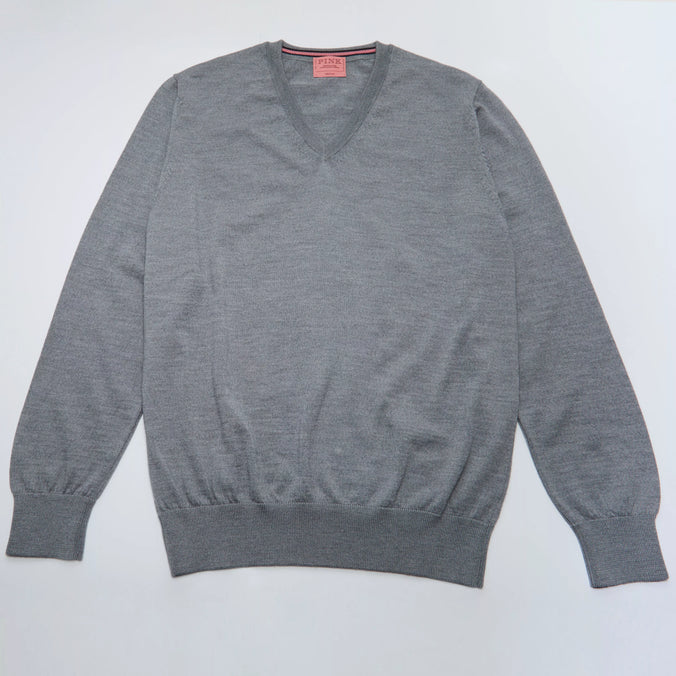 Pale Grey Merino Wool V-Neck Sweater