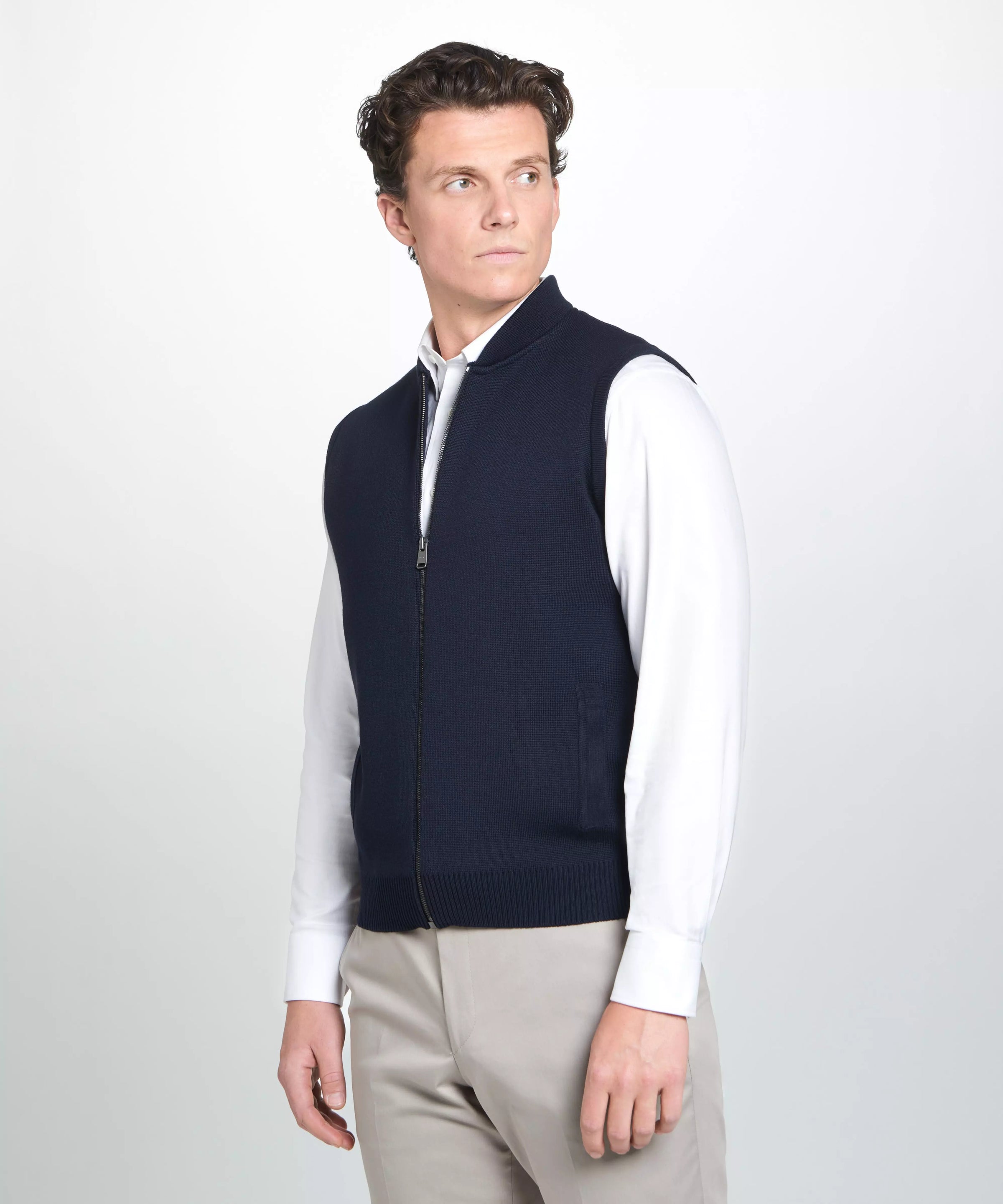 Navy Blue Knitted Merino Wool Zipper Vest – Thomas Pink Navy Blue Knitted Merino Wool Zipper Vest – Thomas Pink