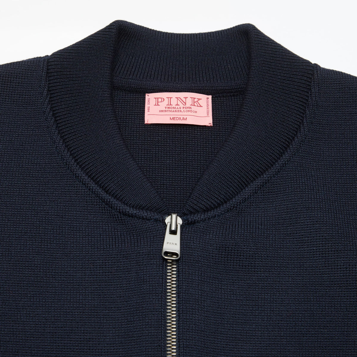 Navy Blue Knitted Merino Wool Zipped Bomber – Thomas Pink