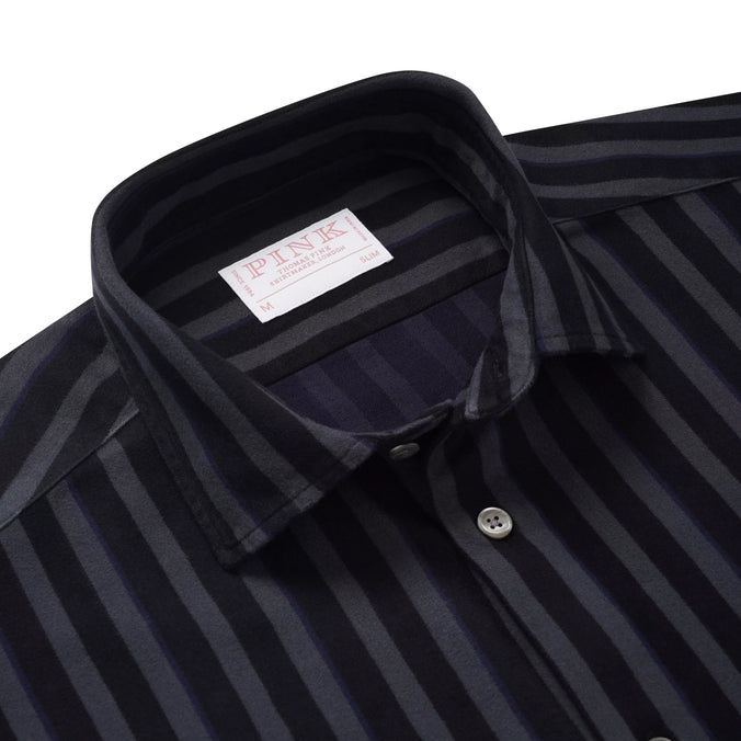 Grey & Black Slim Fit Smart Casual Tonal Barre Stripe Shirt