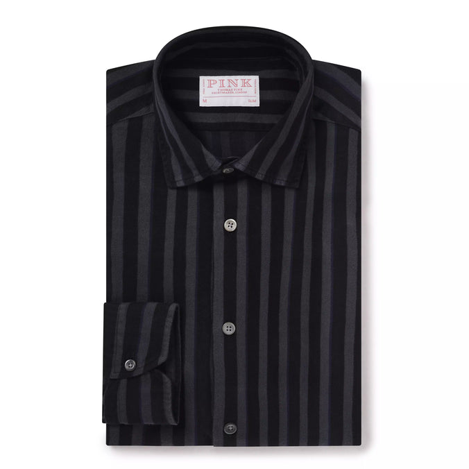 Grey & Black Slim Fit Smart Casual Tonal Barre Stripe Shirt