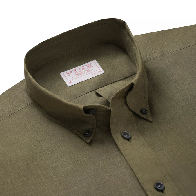 Khaki Green Classic Fit Smart Casual Button Down Linen Slub Shirt