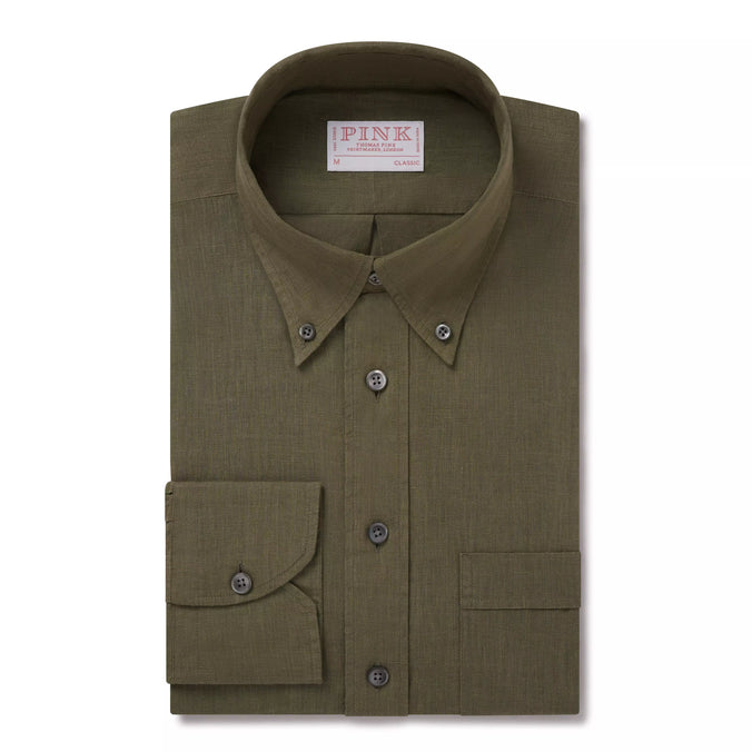 Khaki Green Classic Fit Smart Casual Button Down Linen Slub Shirt
