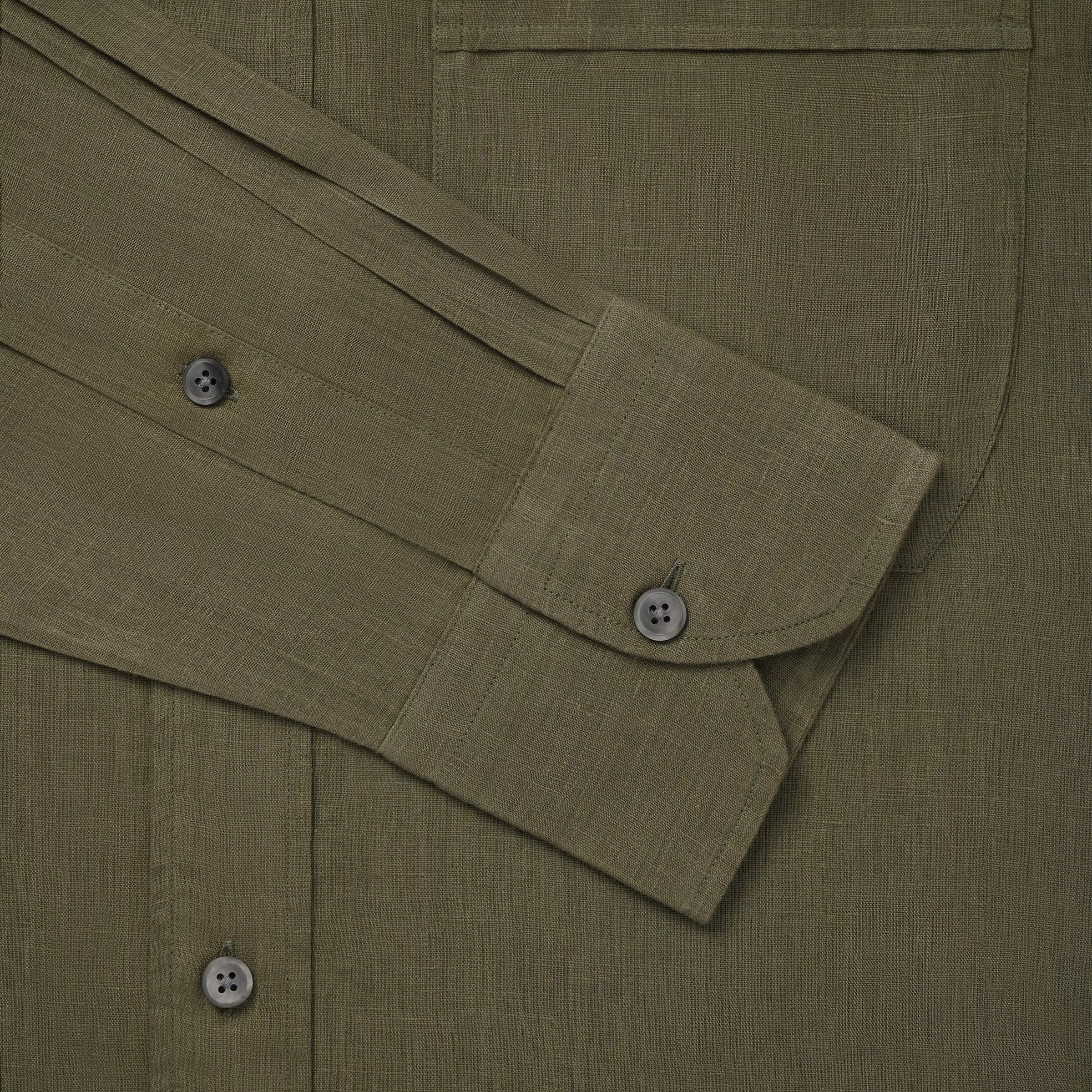 Khaki Green Classic Fit Smart Casual Button Down Linen Slub Shirt