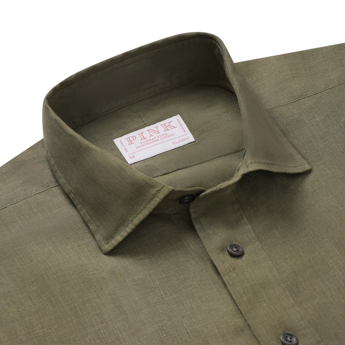 Khaki Green Classic Fit Smart Casual Linen Slub Shirt