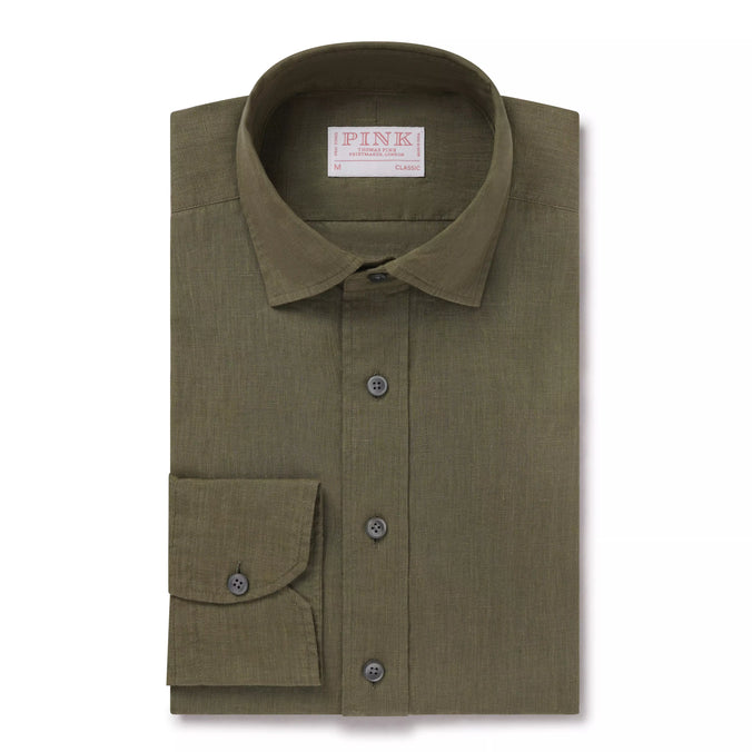 Khaki Green Classic Fit Smart Casual Linen Slub Shirt