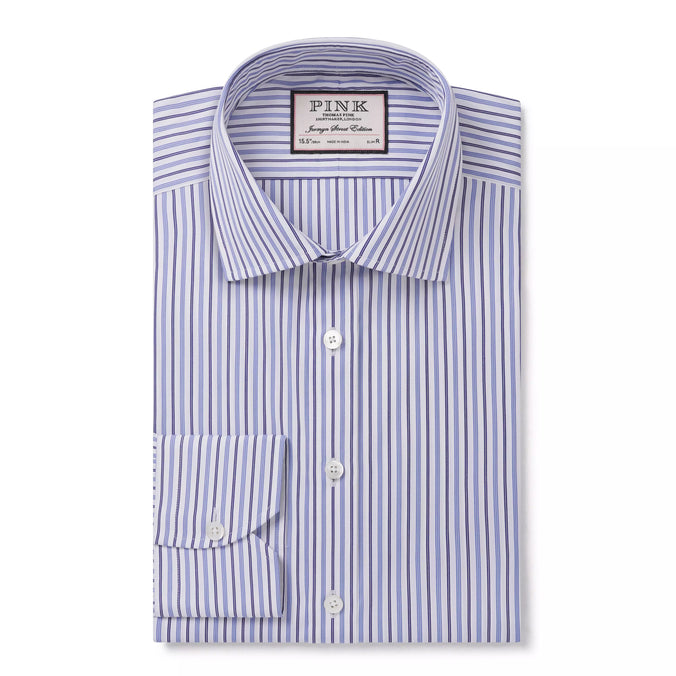 White & Blue Slim Fit Regent Track Stripe Dress Shirt