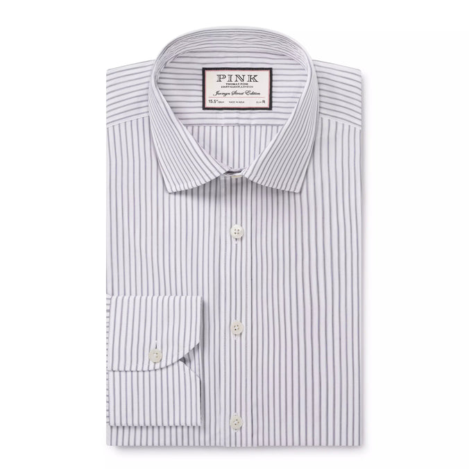 Pale Grey & White Slim Fit Tram Stripe Dress Shirt