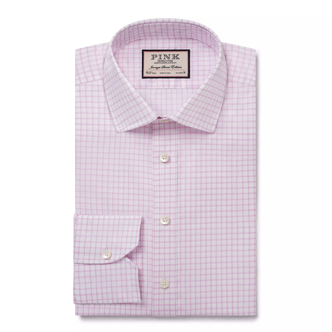 Pale Pink & White Tailored Fit Twill Graph Check Dress Shirt