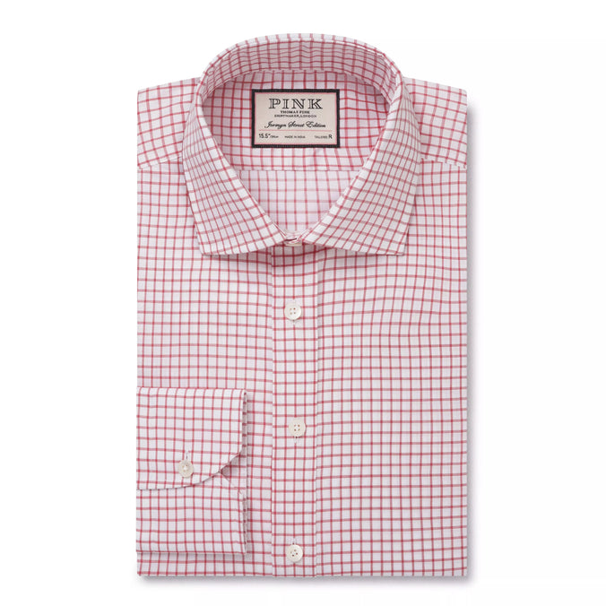 White & Red Tailored Fit Twill Graph Check Dress Shirt