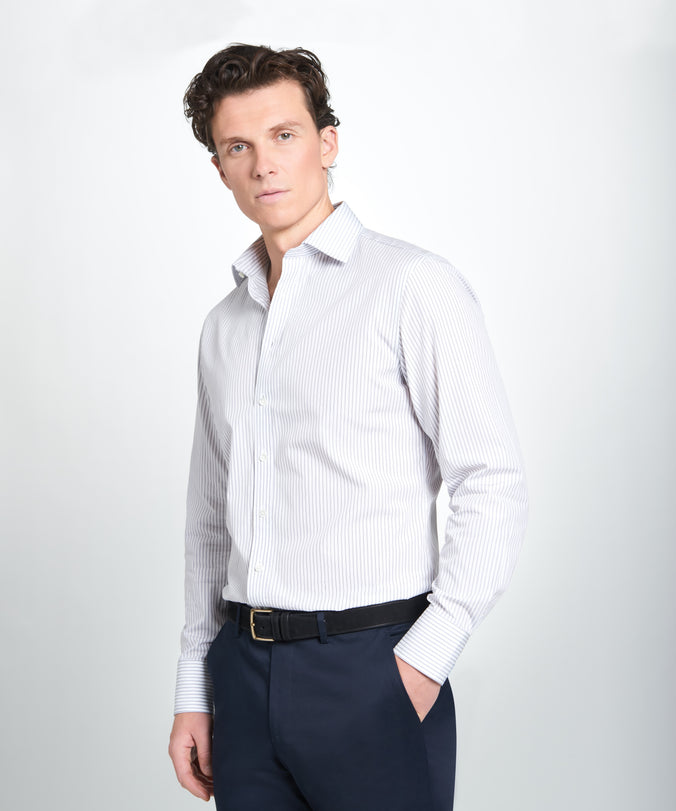 Pale Grey & White Tailored Fit Tram Stripe Dress Shirt
