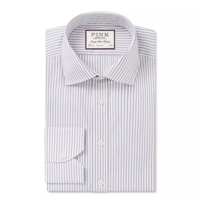 Pale Grey & White Tailored Fit Tram Stripe Dress Shirt