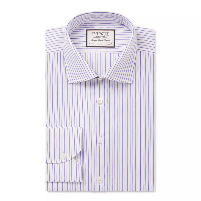 White & Purple Tailored Fit Striped Poplin Dress Shirt