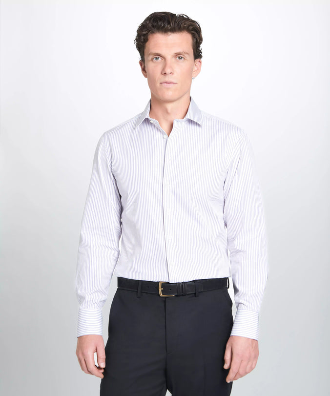 White & Purple Tailored Fit Striped Poplin Dress Shirt