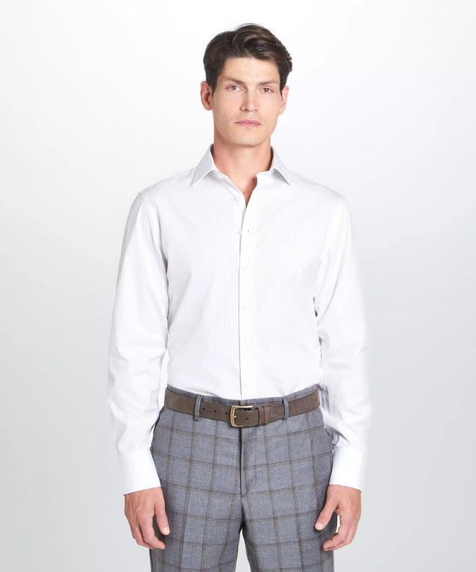 White & Black Tailored Fit Broken Twill Stripe Dress Shirt