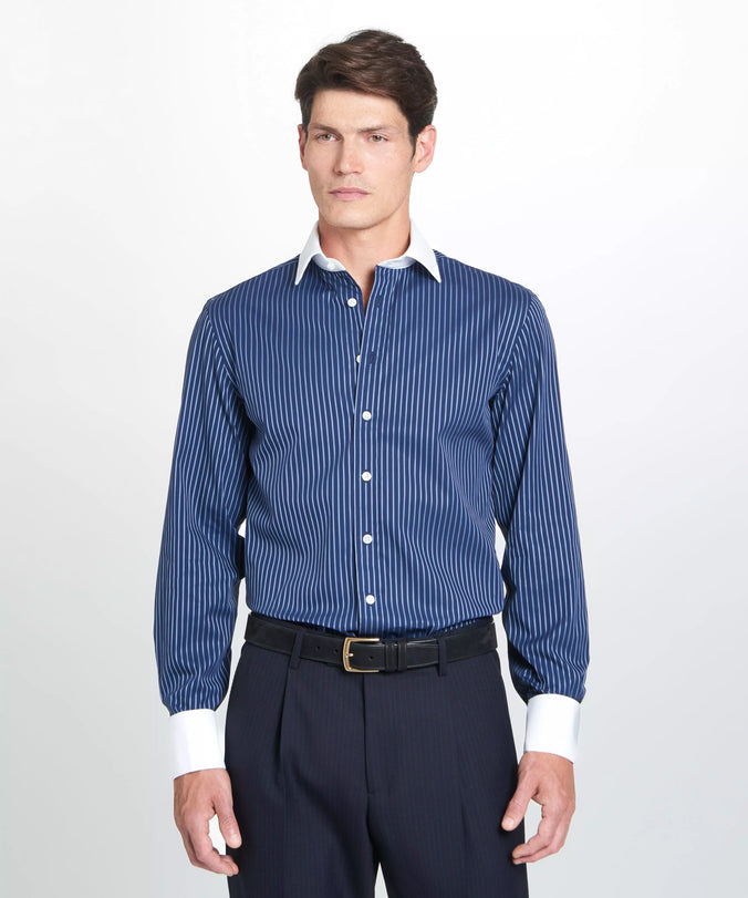 Navy & Blue Tailored Fit French Cuff Rope Stripe Dress Shirt