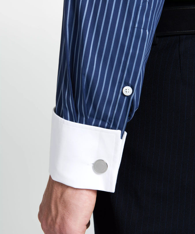 Navy & Blue Tailored Fit French Cuff Rope Stripe Dress Shirt