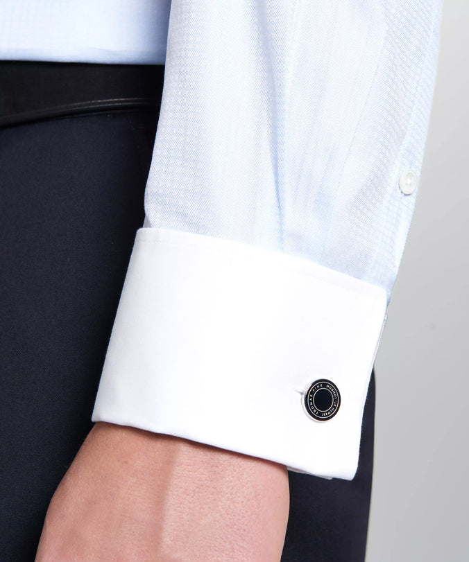 Pale Blue & White Tailored Fit French Cuff Tonal Jaquard Square Dress Shirt