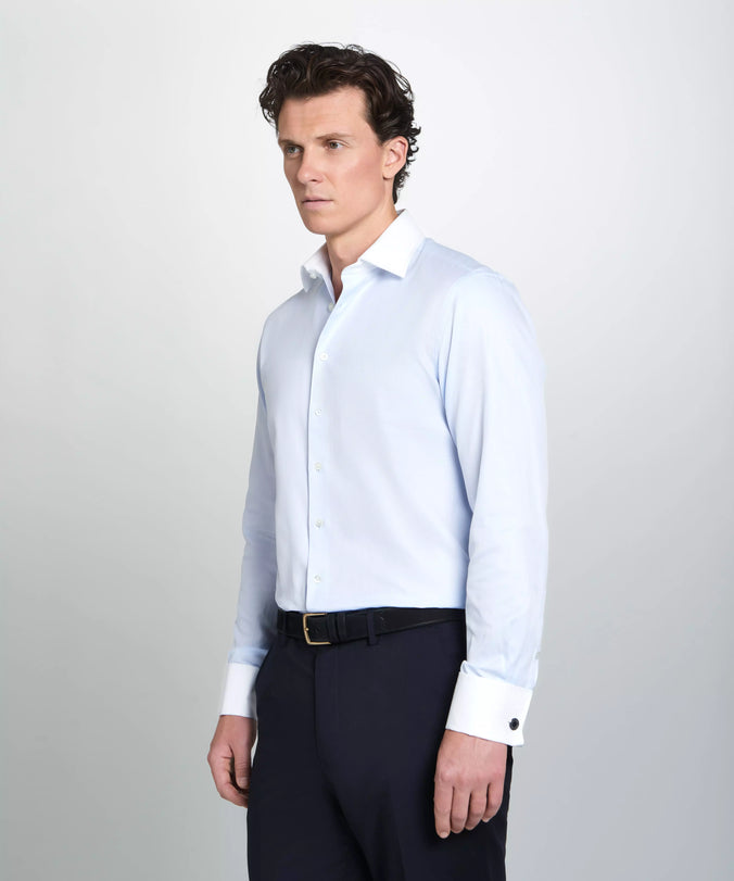 Pale Blue & White Tailored Fit French Cuff Tonal Jaquard Square Dress Shirt