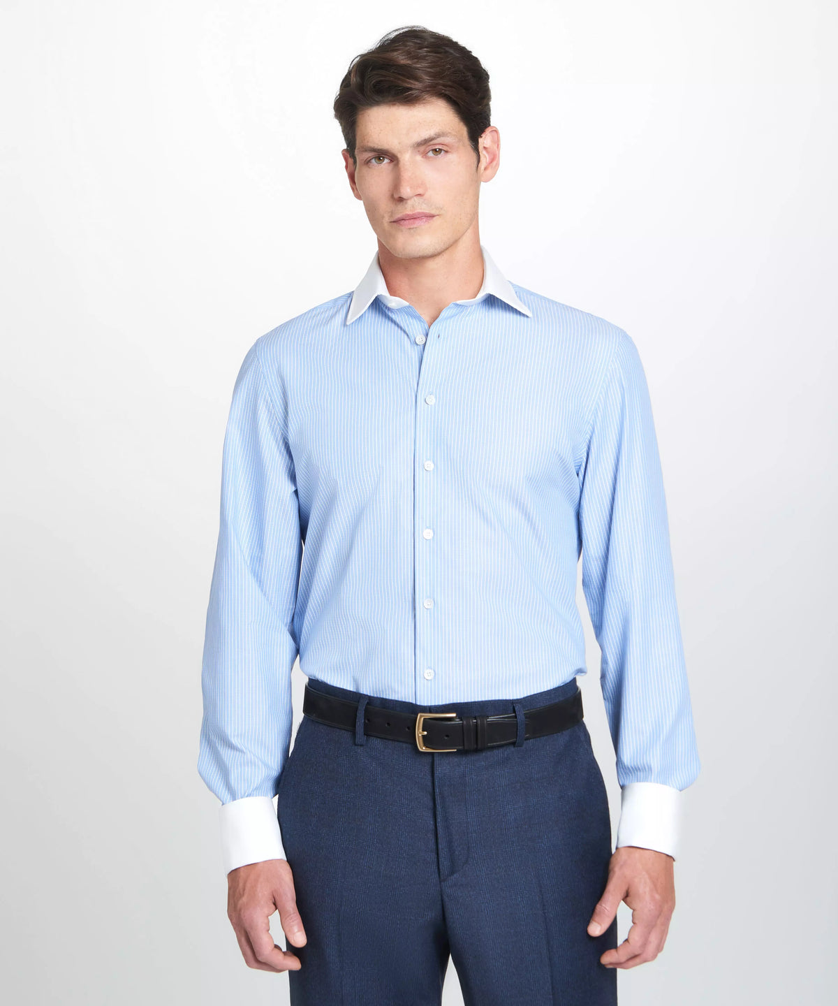 Pale Blue & White Tailored Fit French Cuff Dandy Stripe Dress Shirt