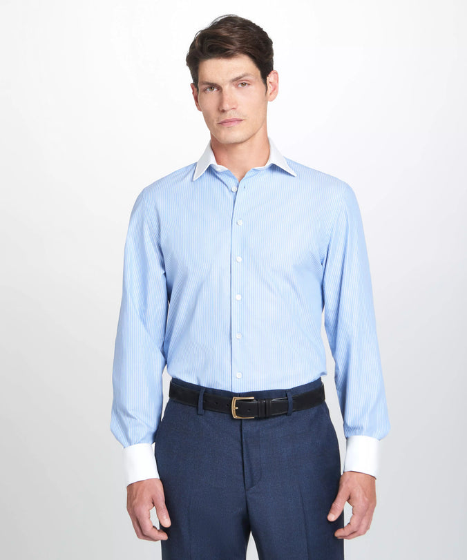 Pale Blue & White Tailored Fit French Cuff Dandy Stripe Dress Shirt