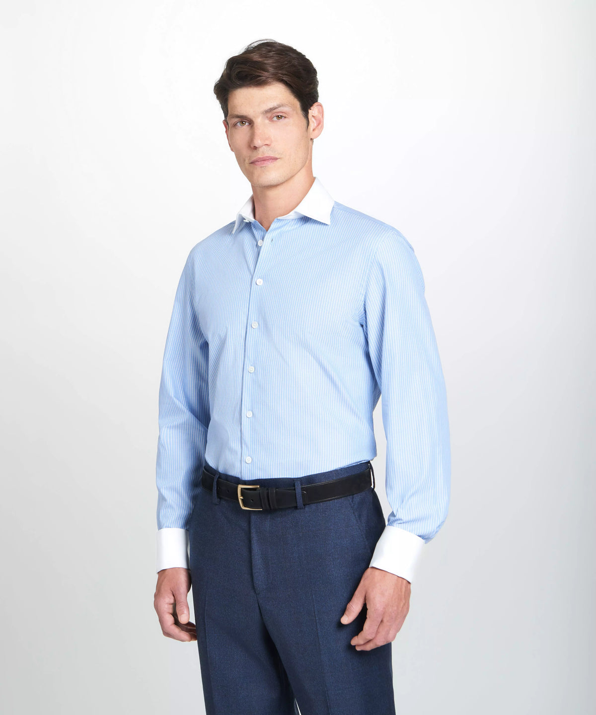 Pale Blue & White Tailored Fit French Cuff Dandy Stripe Dress Shirt