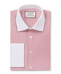 Red & White Tailored Fit French Cuff Poplin Stripe Dress Shirt