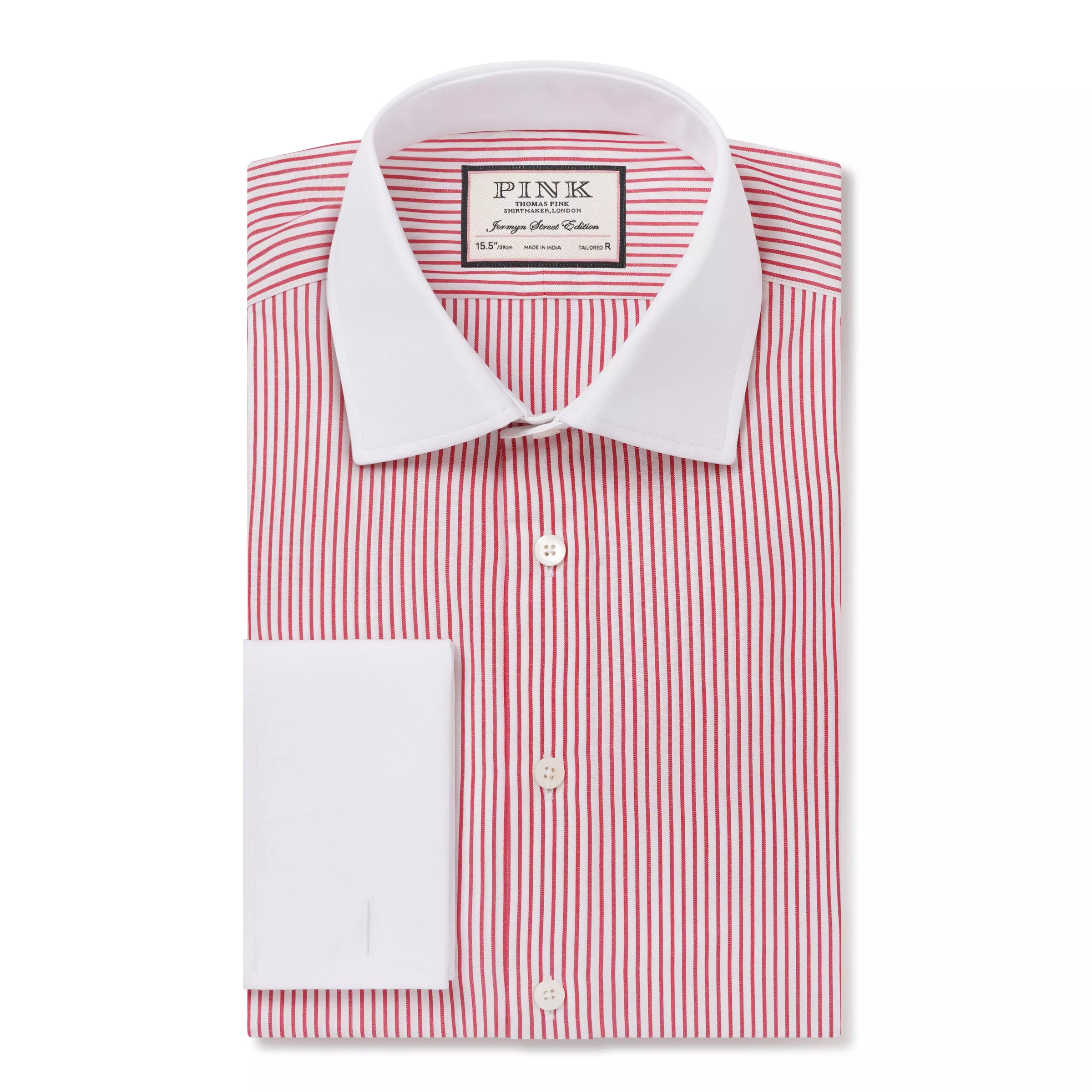 Red & White Tailored Fit French Cuff Poplin Stripe Dress Shirt