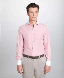 Red & White Tailored Fit French Cuff Poplin Stripe Dress Shirt