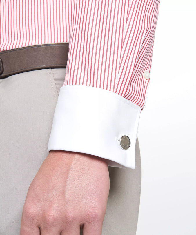 Red & White Tailored Fit French Cuff Poplin Stripe Dress Shirt