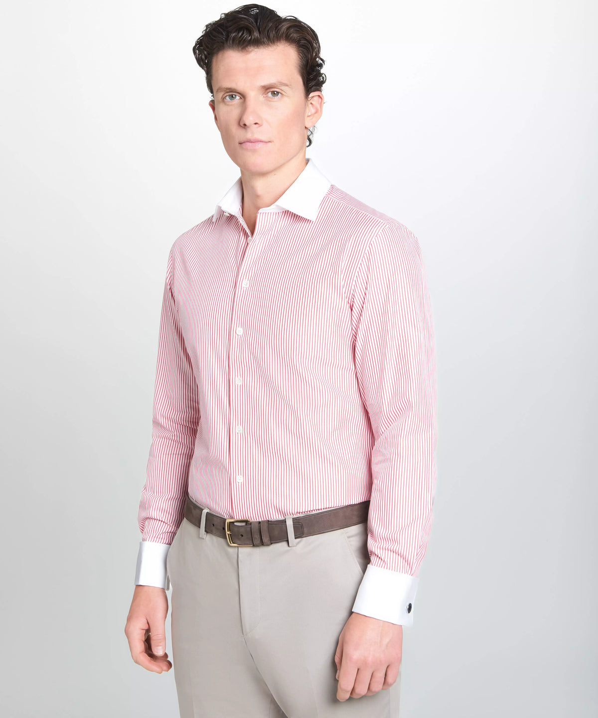 Red & White Tailored Fit French Cuff Poplin Stripe Dress Shirt