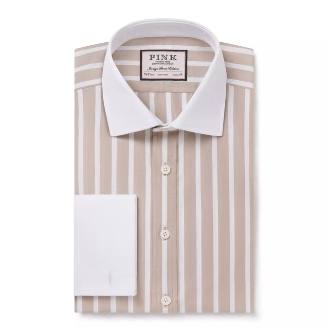 Beige & White Classic Fit French Cuff Butcher Stripe Dress Shirt