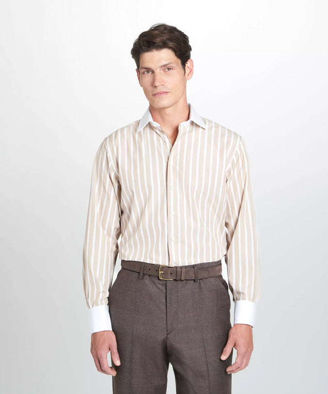 Beige & White Classic Fit French Cuff Butcher Stripe Dress Shirt