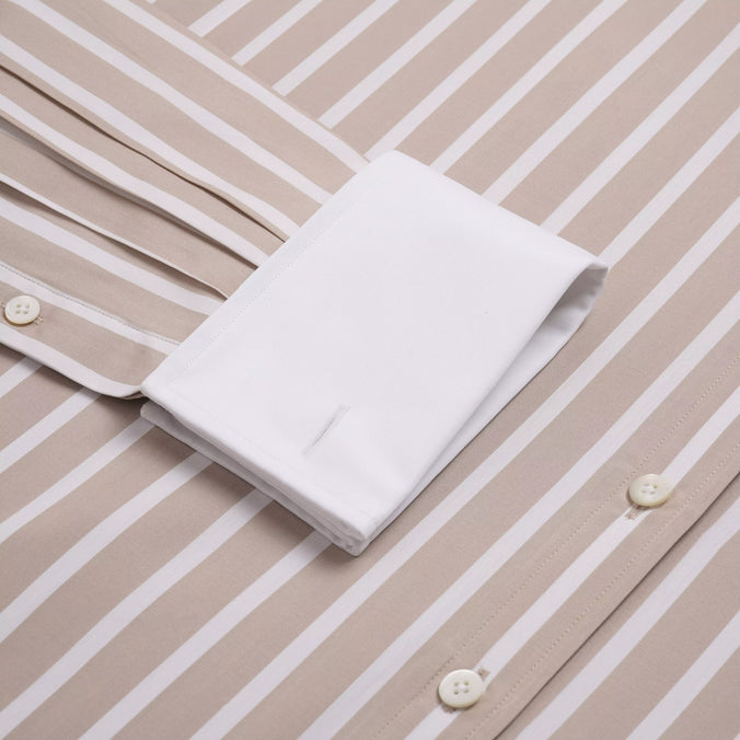 Beige & White Classic Fit French Cuff Butcher Stripe Dress Shirt