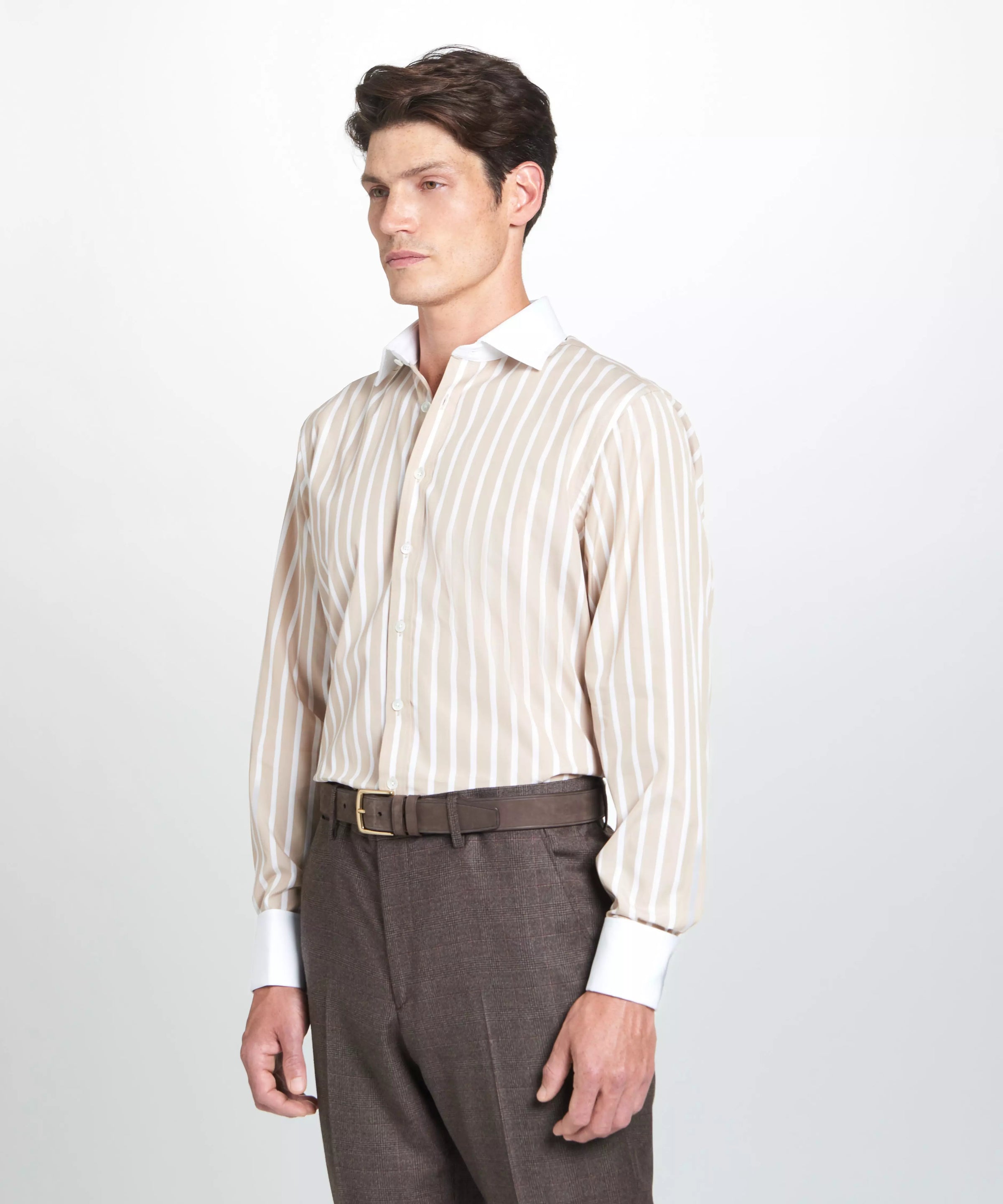 Beige & White Classic Fit Double Cuff Butcher Stripe Formal Shirt