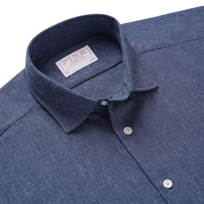 Blue Slim Fit Smart Casual Slub Cotton Shirt