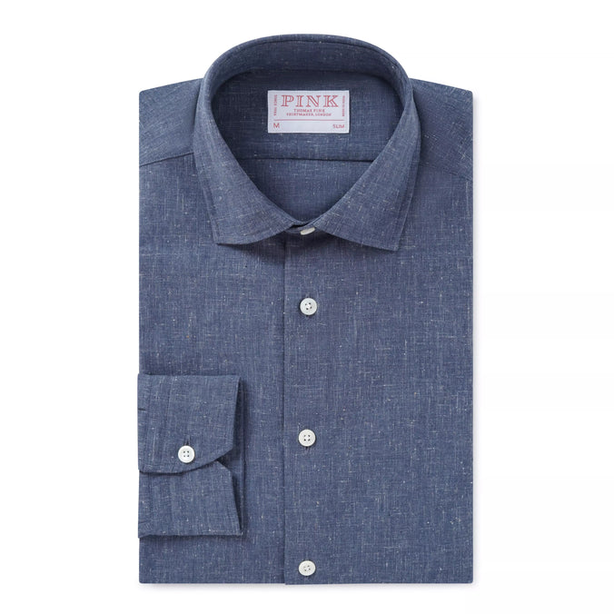 Blue Slim Fit Smart Casual Slub Cotton Shirt