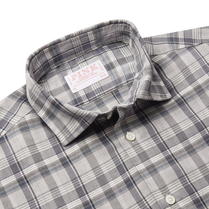 Pale Grey Slim Fit Smart Casual Balmoral Plaid Check Shirt