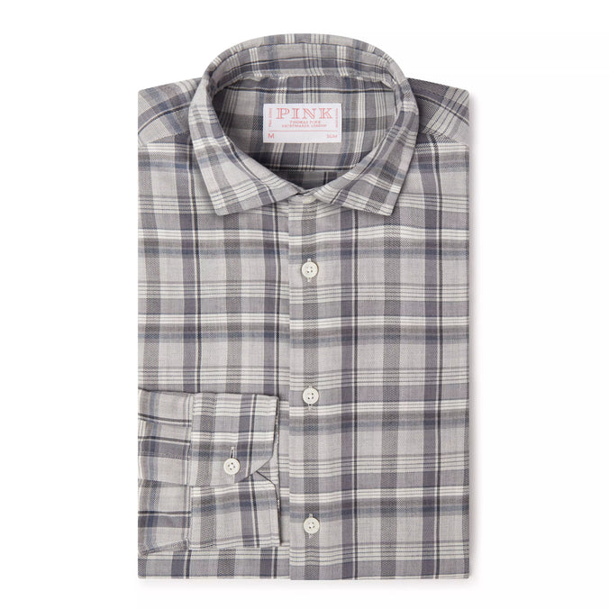 Pale Grey Slim Fit Smart Casual Balmoral Plaid Check Shirt