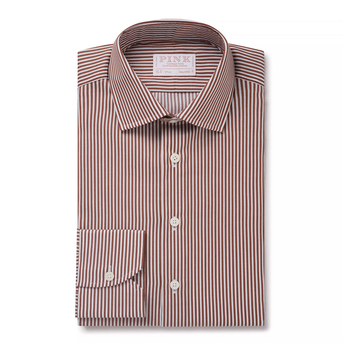 Brown & White Tailored Fit Capri Stripe Shirt Dress Shirt